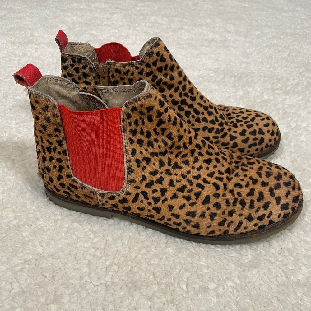 Boden Leopard Print Calf Hair‎ Chelsea Boots Red Elastic Zip Up EU 38 US 7